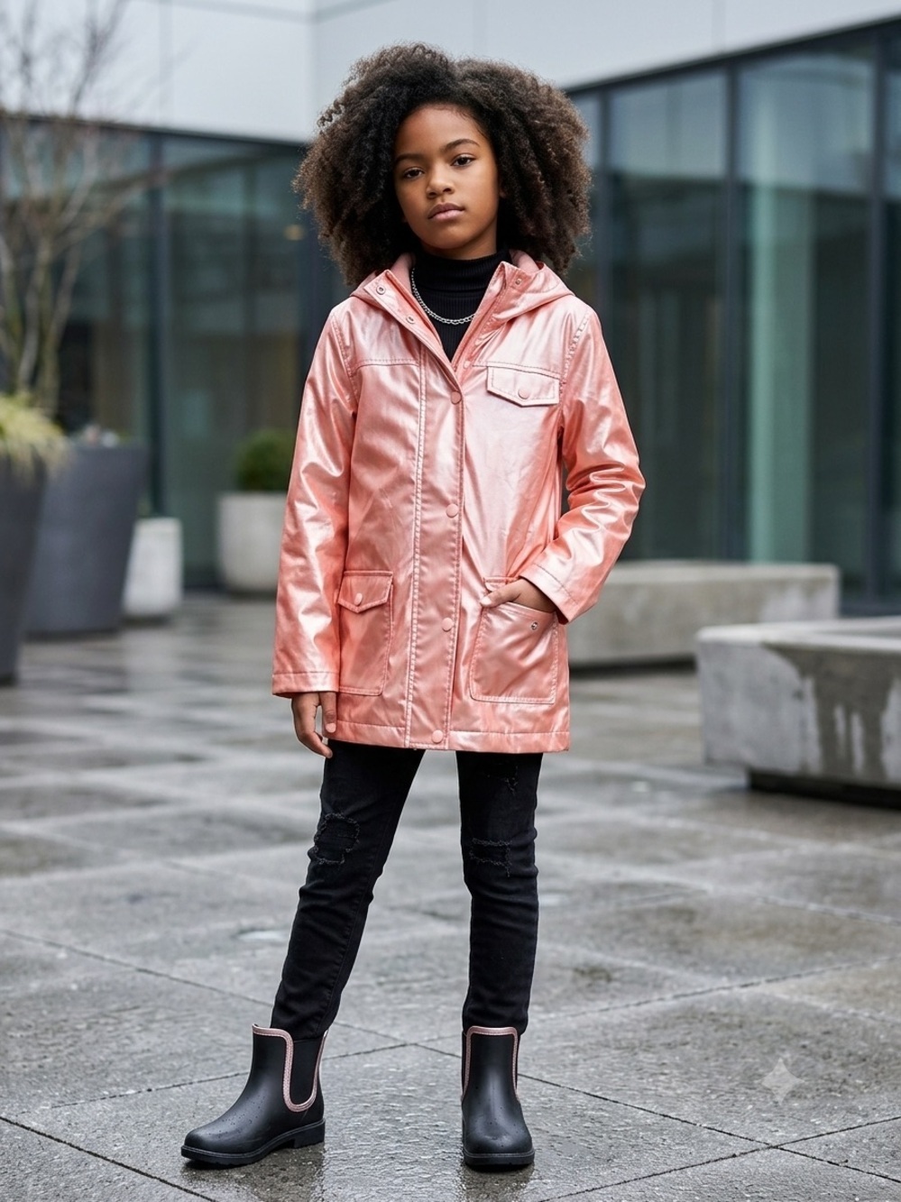 2088 - Joe Fresh Shiny Pink Hooded Raincoat - Picture 1 of 5